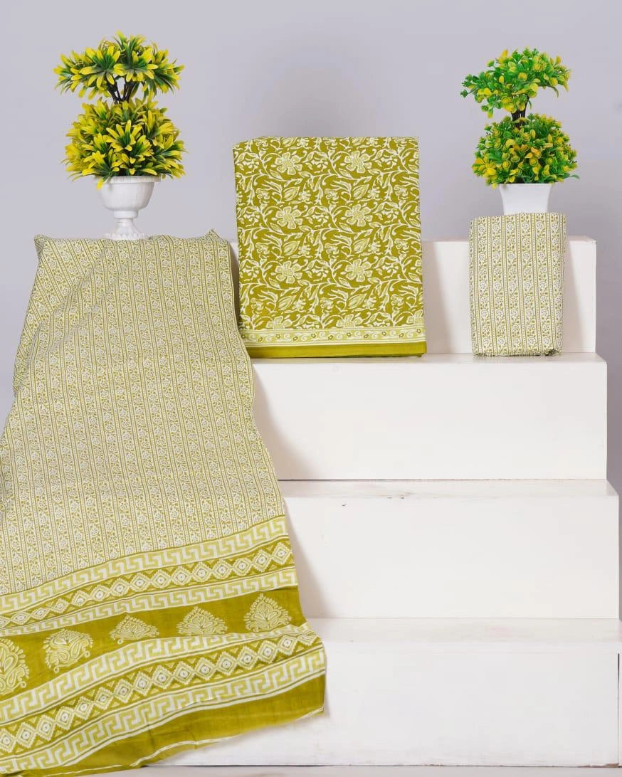 Olive green cotton dress material with white floral prints