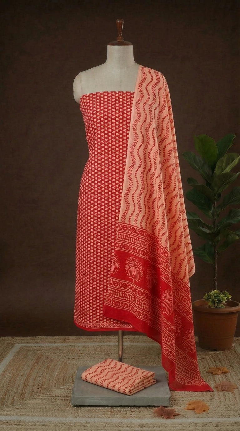 Fire red with light peach floral motifs cotton dress material 