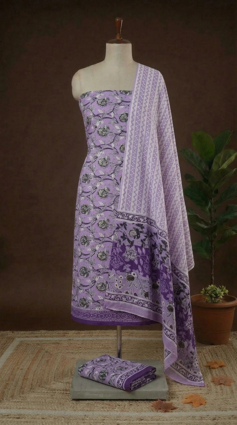 Lavender cotton dress material with multicoloured floral print