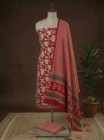 Tomato Red Floral Cotton Dress Material – White & Black Flowers