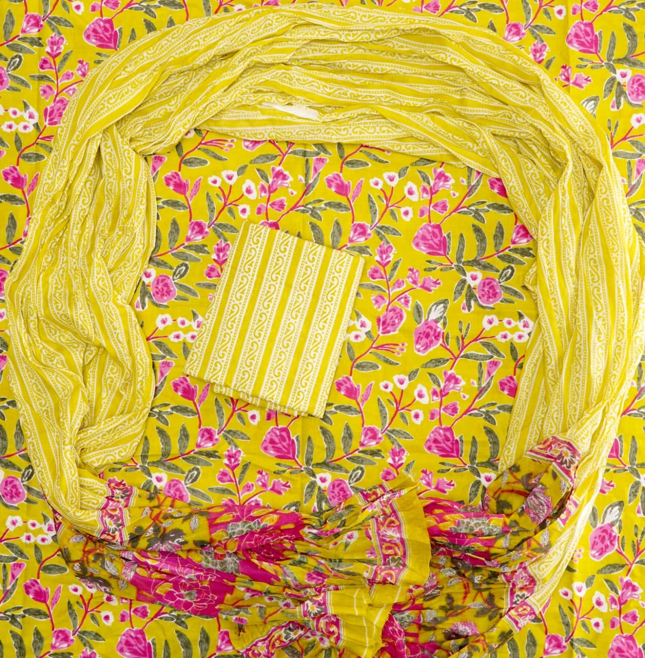 Olive Green Cotton Dress Material with Pink, Green & White Floral Print