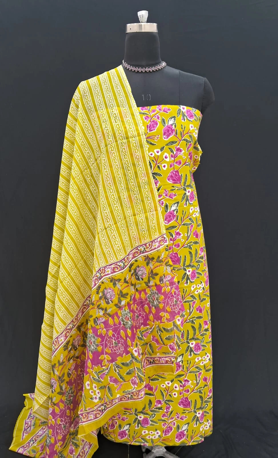 Olive Green Cotton Dress Material with Pink, Green & White Floral Print Online 