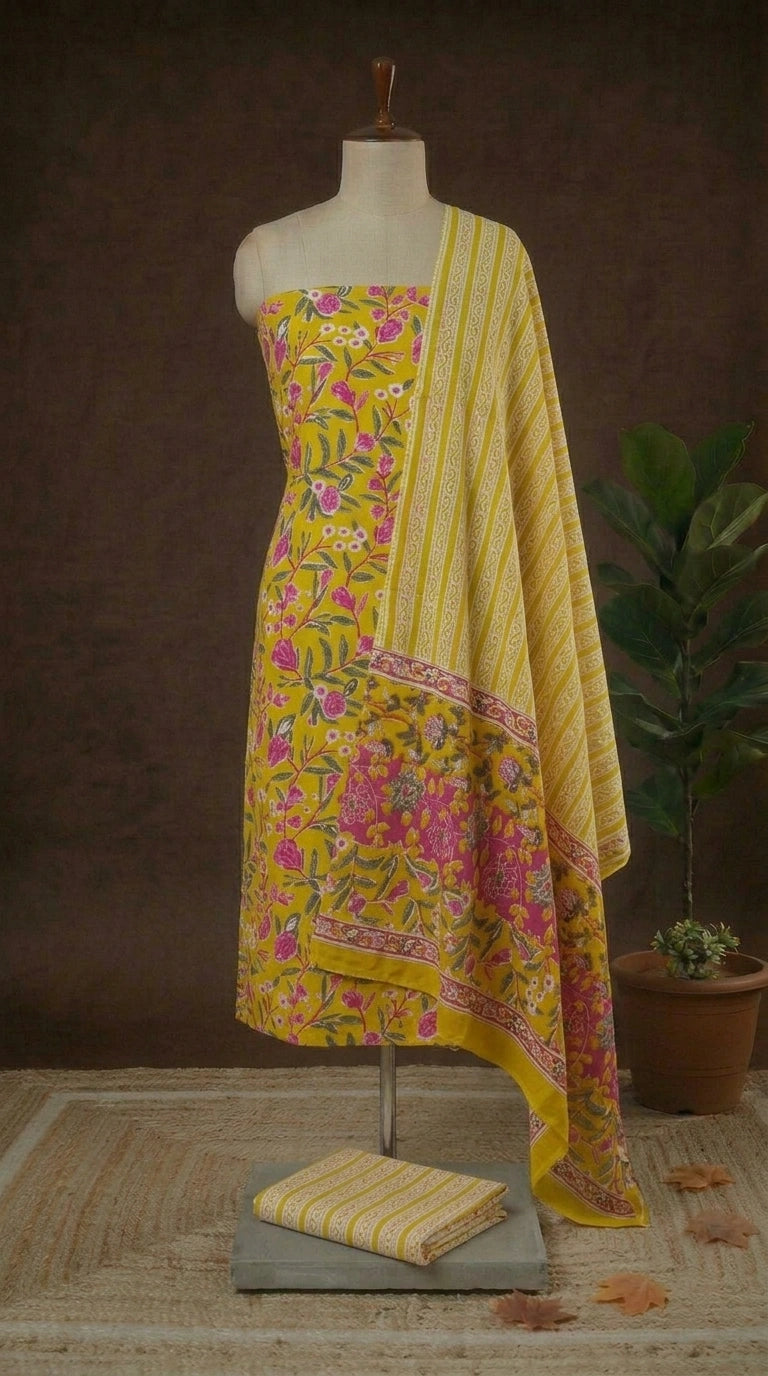 Olive Green Cotton Dress Material with Pink, Green & White Floral Print Online 