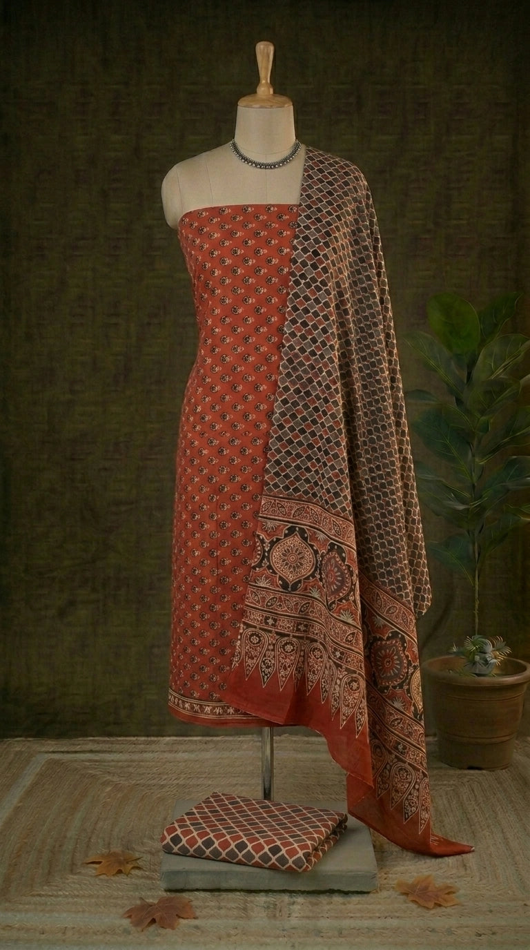 Pure Rust red cotton dress material online