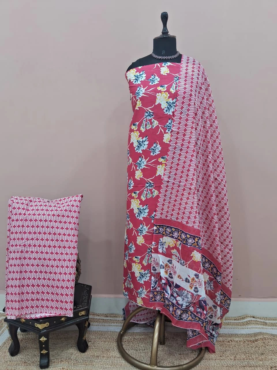 Dark Pink Cotton Dress Material
