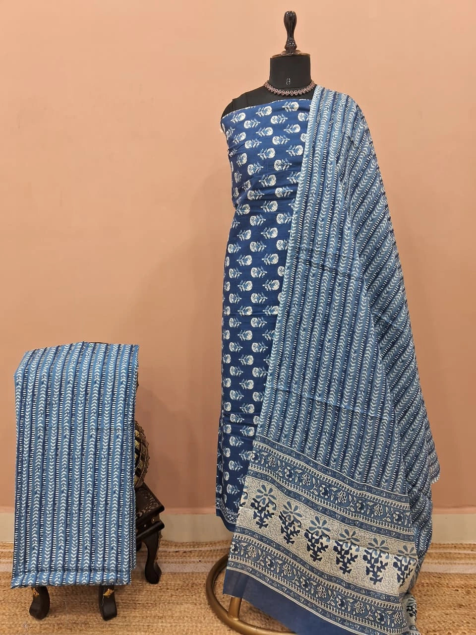 Ink Blue Cotton Dress Material 