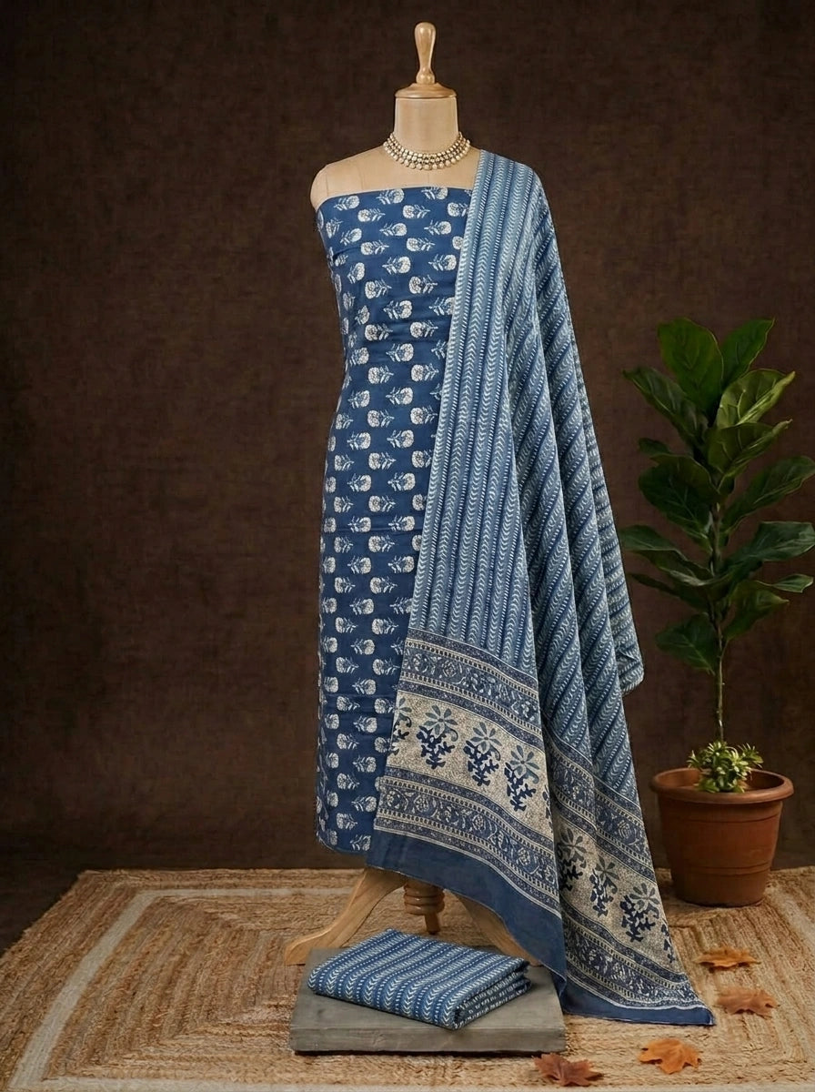 Ink Blue Cotton Dress Material