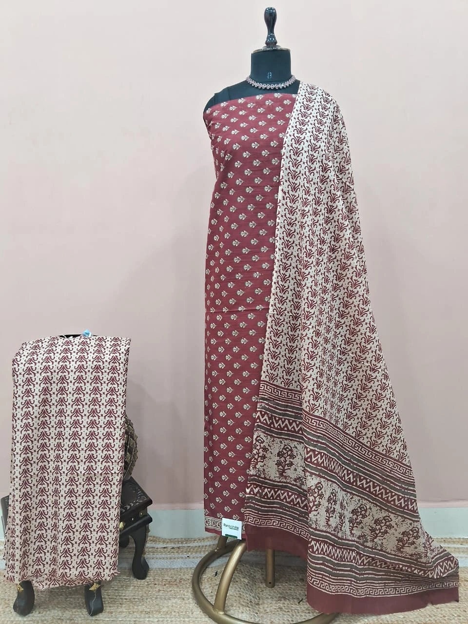 Brick Red Cotton Dress Material 