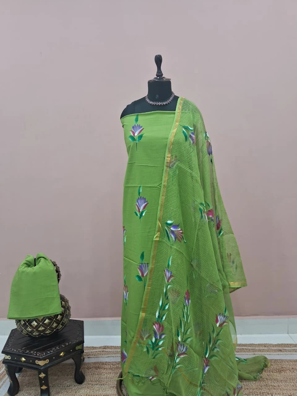 Parrot Green Cotton Dress Material