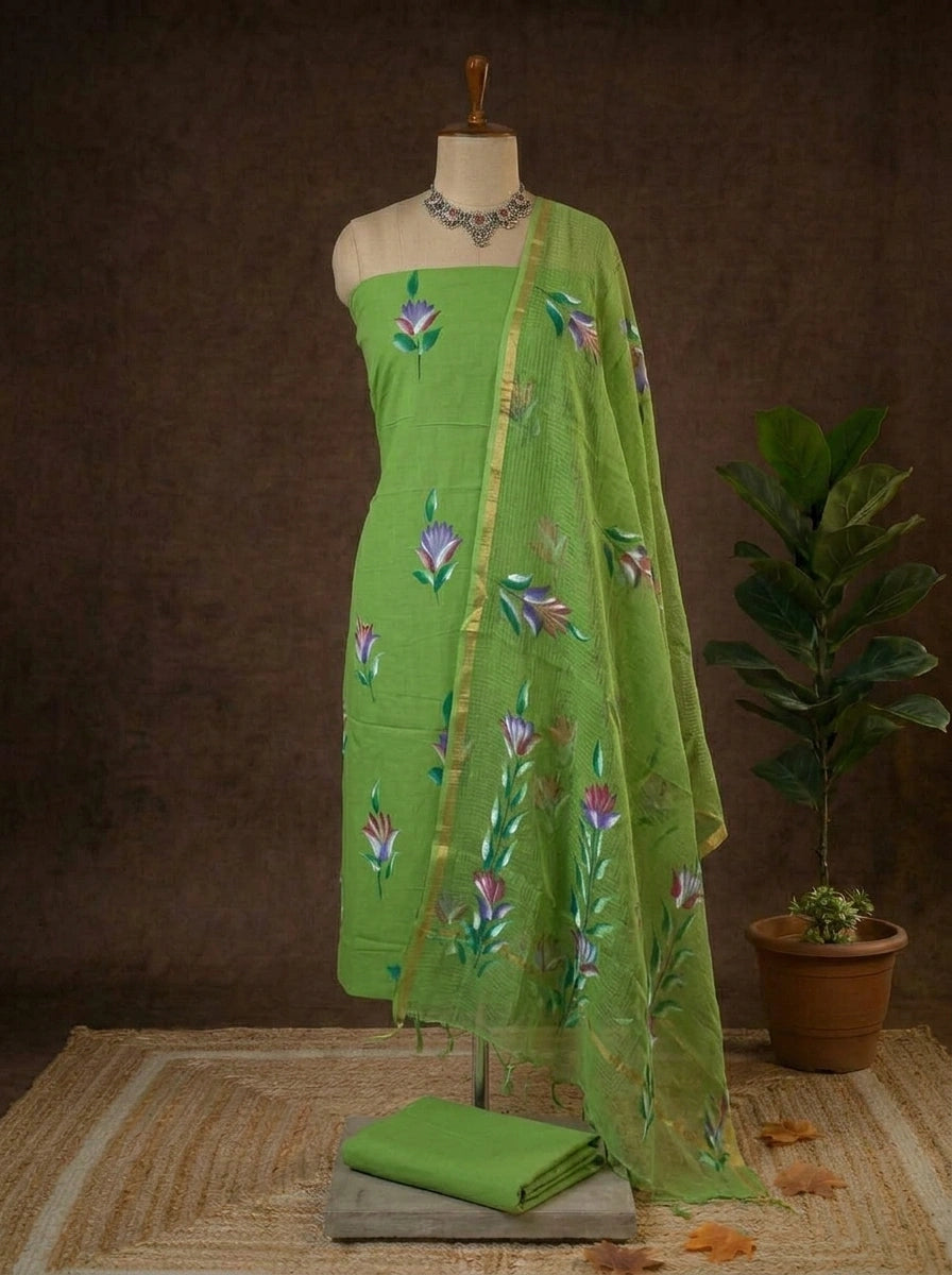 Parrot Green Cotton Dress Material
