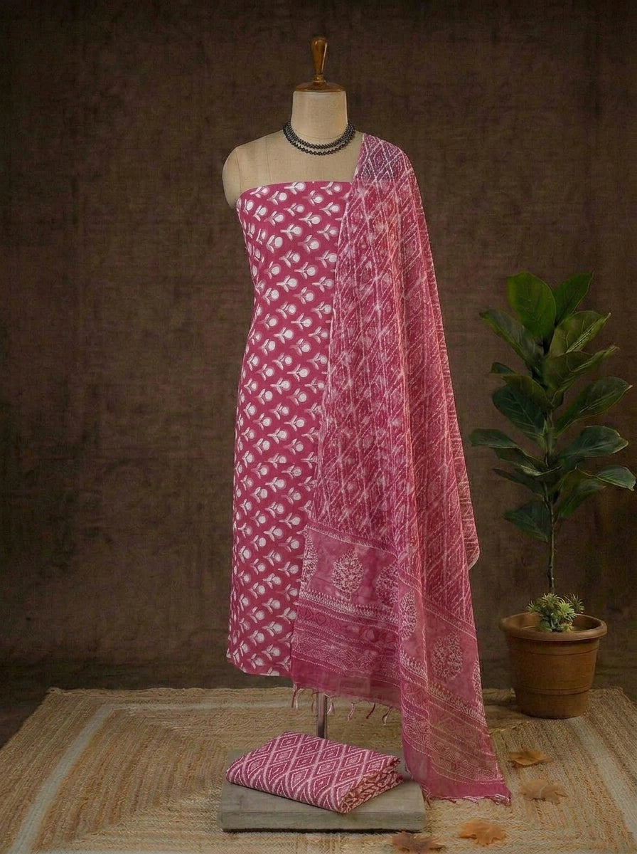 Dark Pink Cotton Dress Material