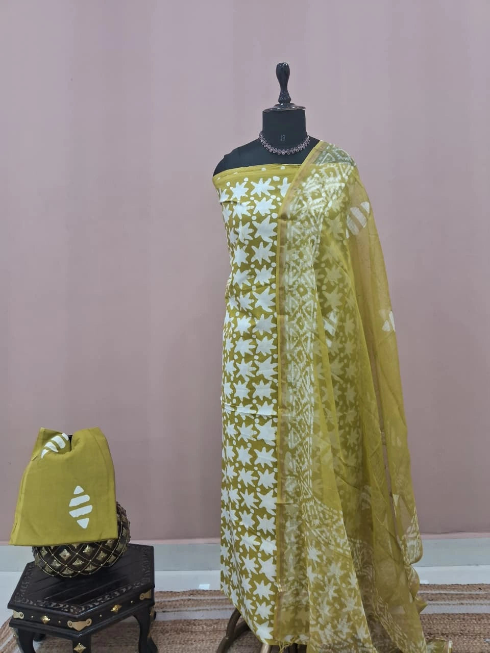Olive Green Cotton Dress Material