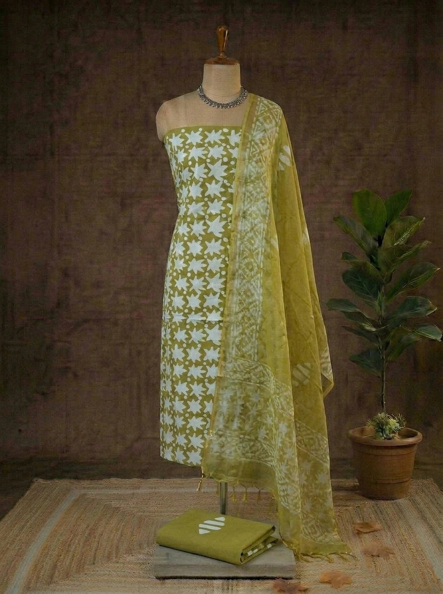 Olive Green Cotton Dress Material