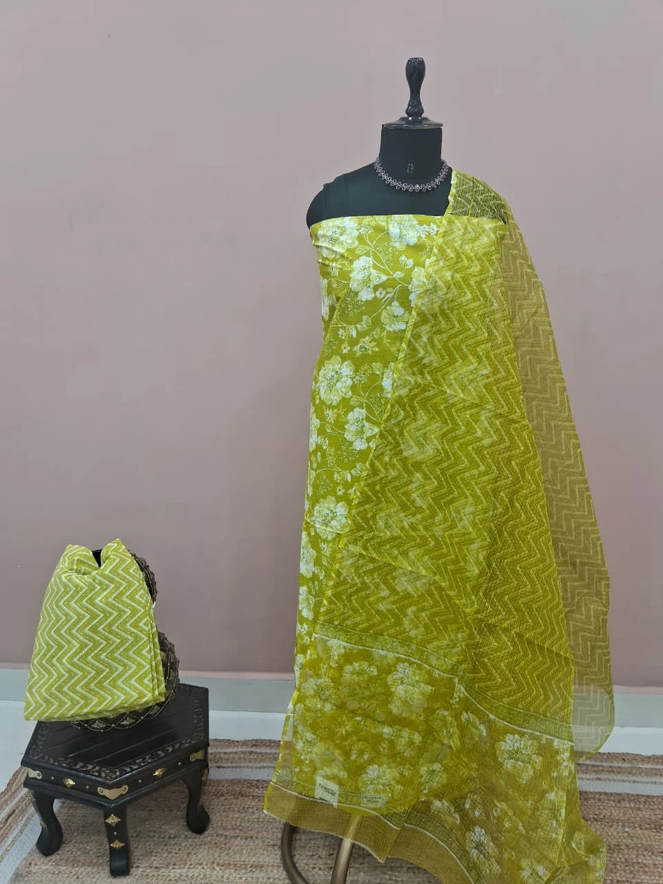 Leaf Green Cotton Dress Material