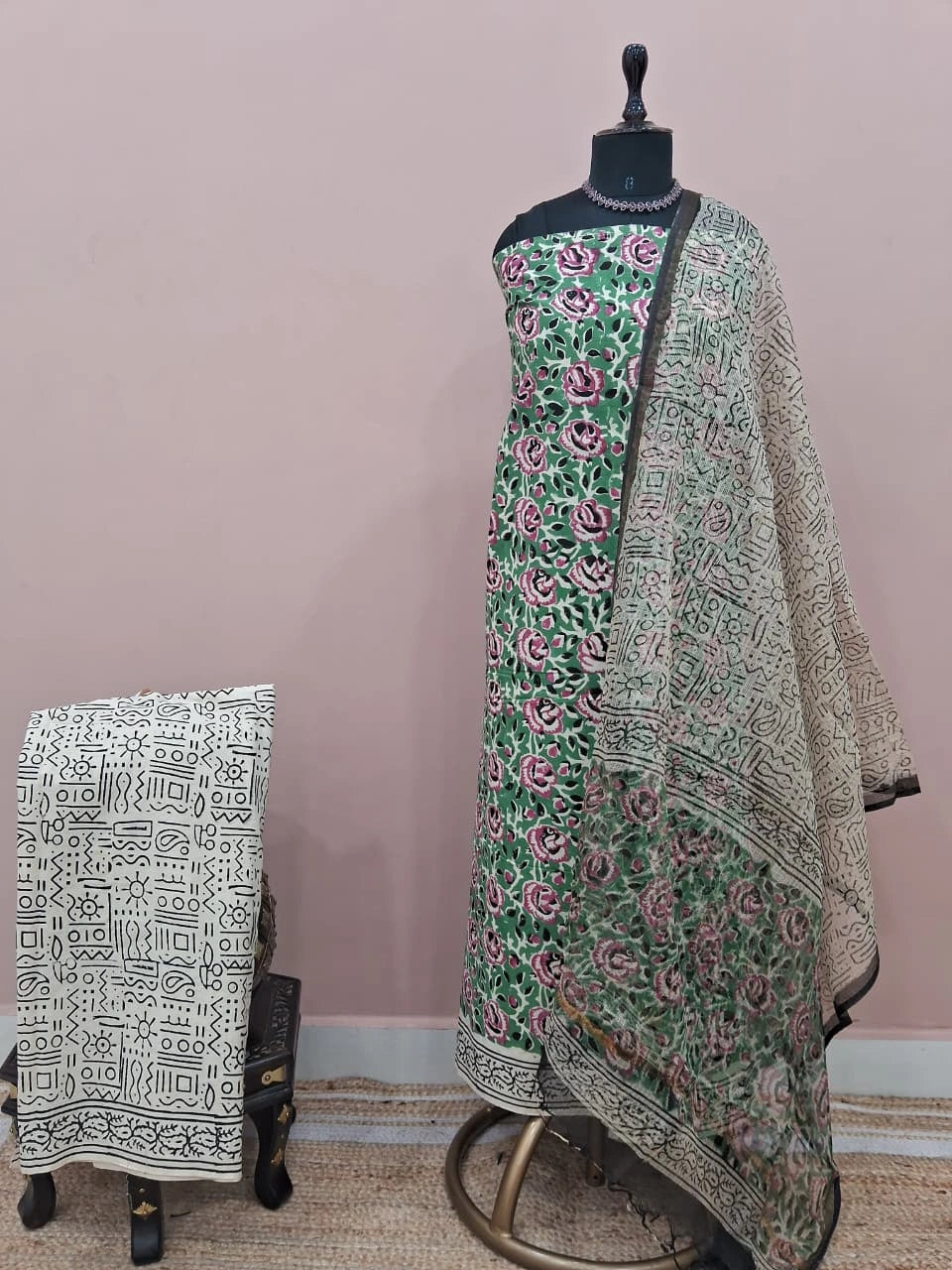 Green Cotton Dress Material