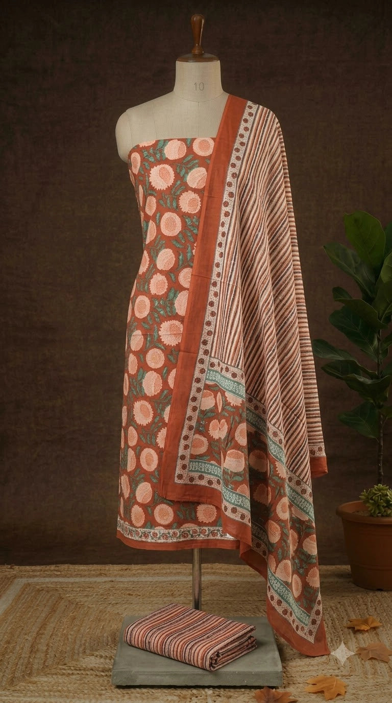 Rust Brown Cotton Dress Material 