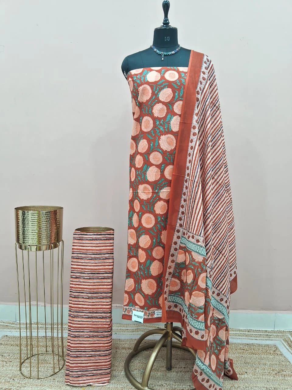 Rust Brown Cotton Dress Material 