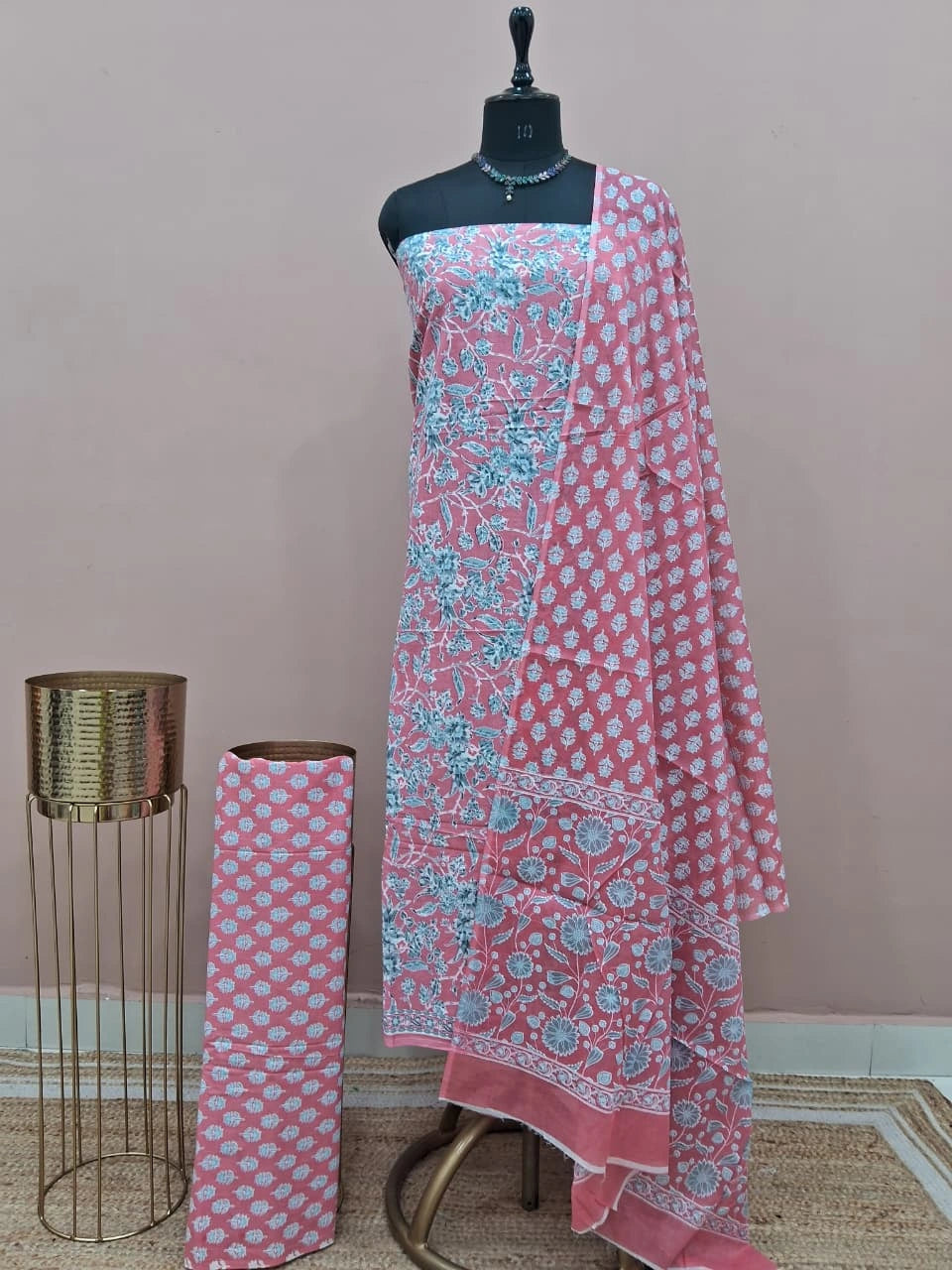 Coral Pink Cotton Dress Material 