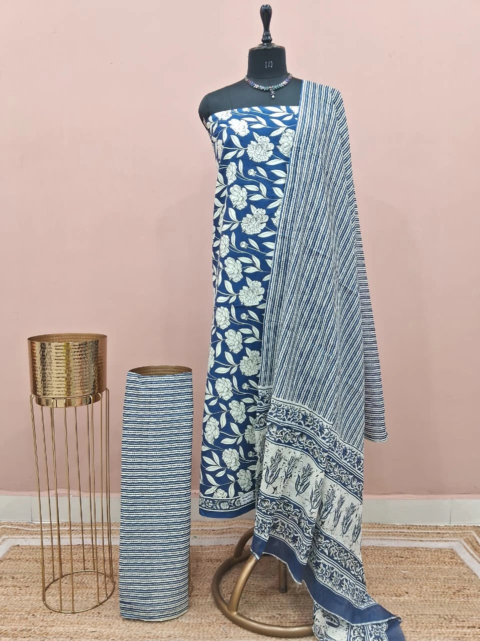Dark Navy Blue Cotton Dress Material 