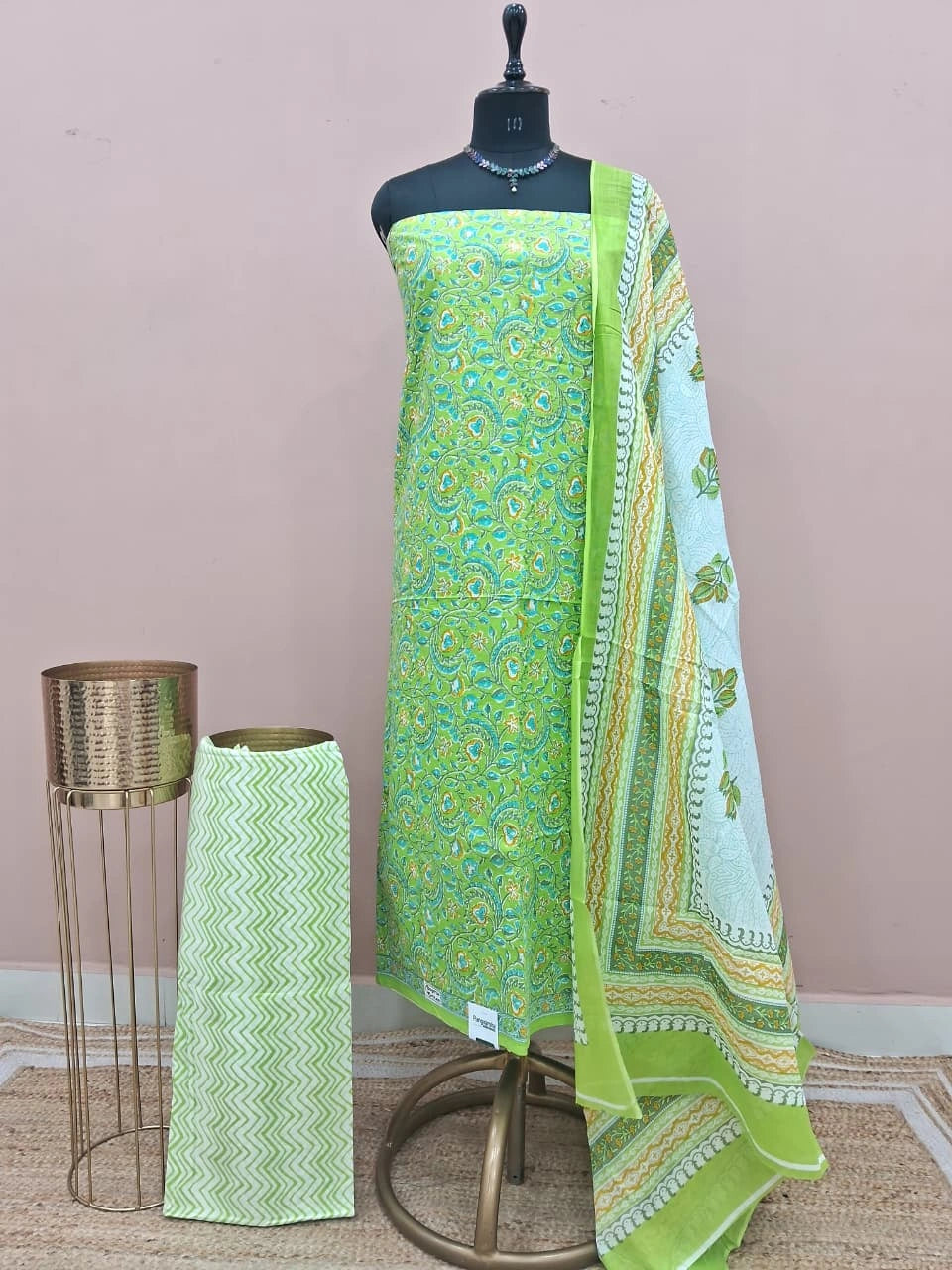 Leaf Green Cotton Dress Material