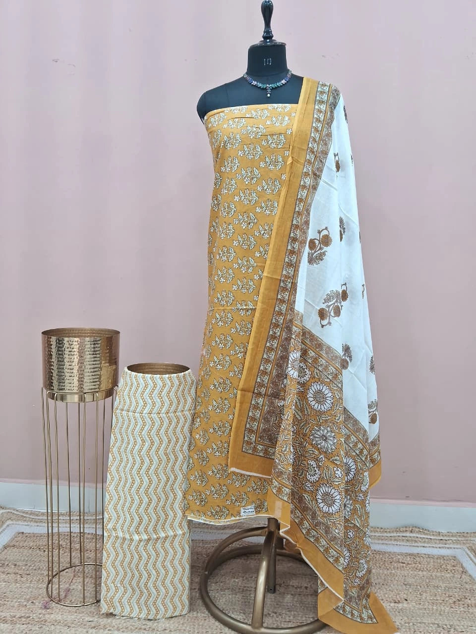 Golden Brown Cotton Dress Material 