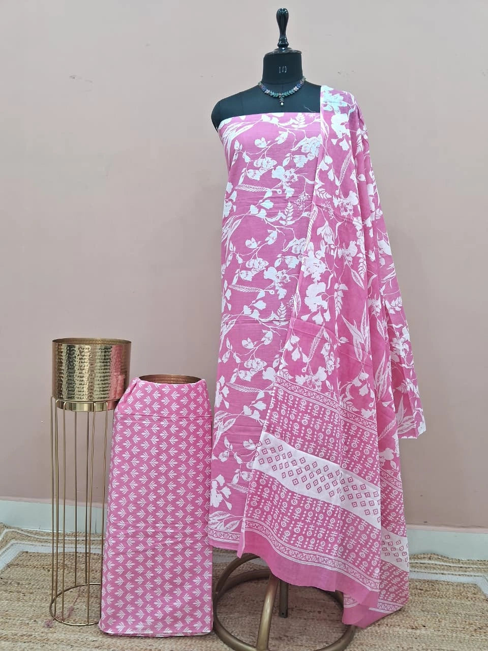 Baby Pink Cotton Dress Material 
