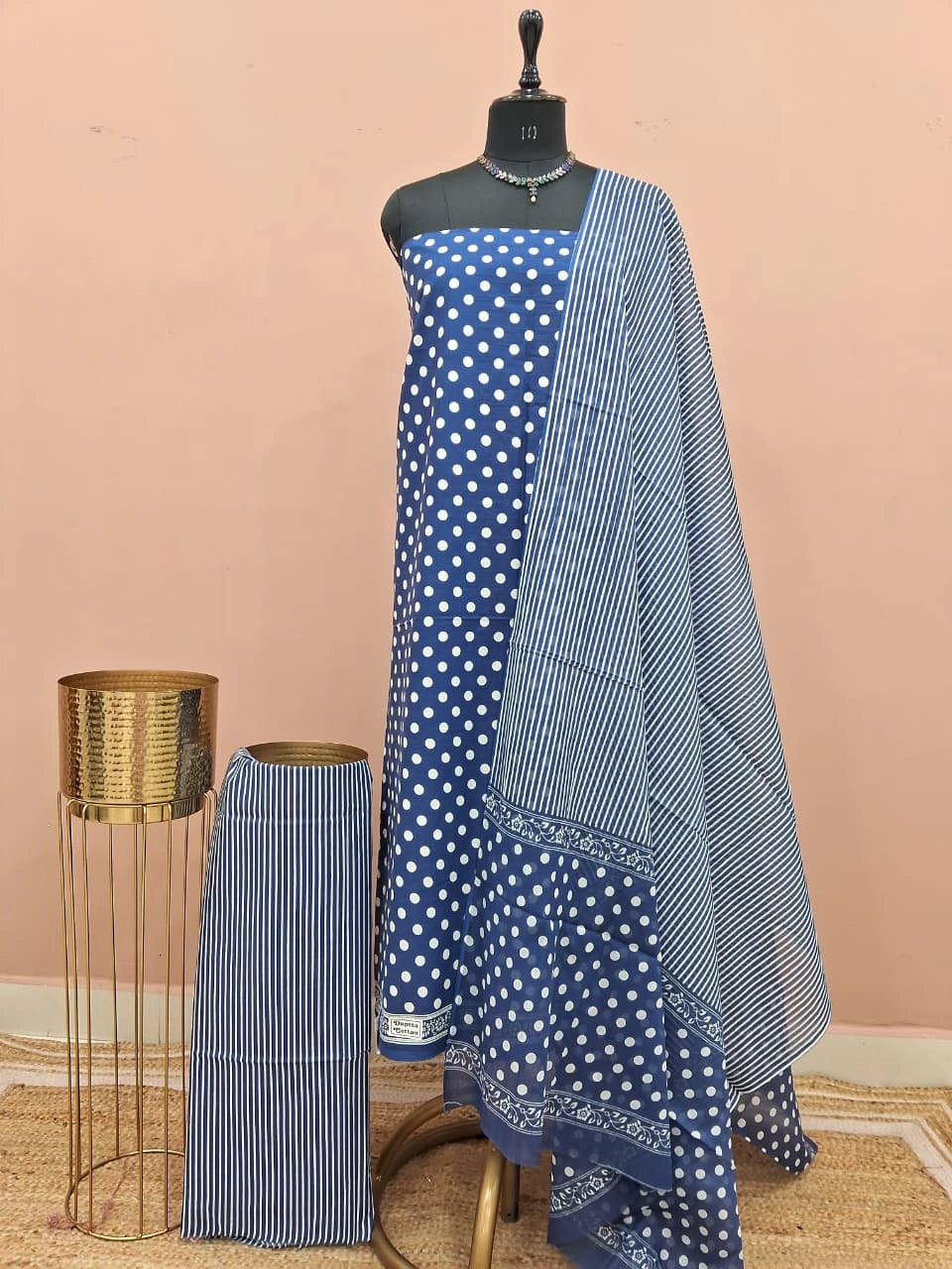 Navy Blue Cotton Dress Material 