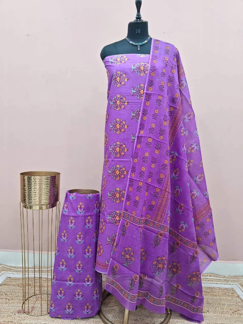 Elegant Purple Cotton Dress Material 