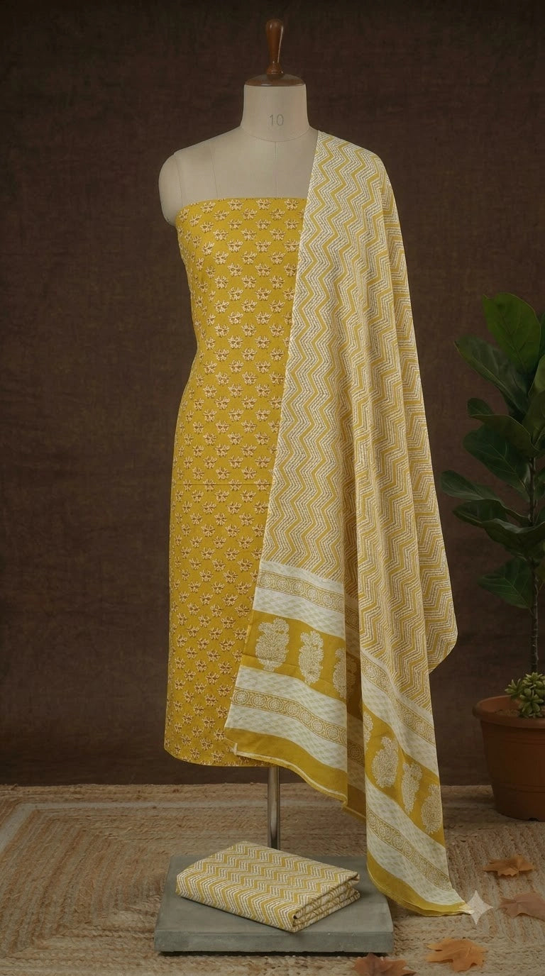 Mustard Yellow Cotton Dress Material 