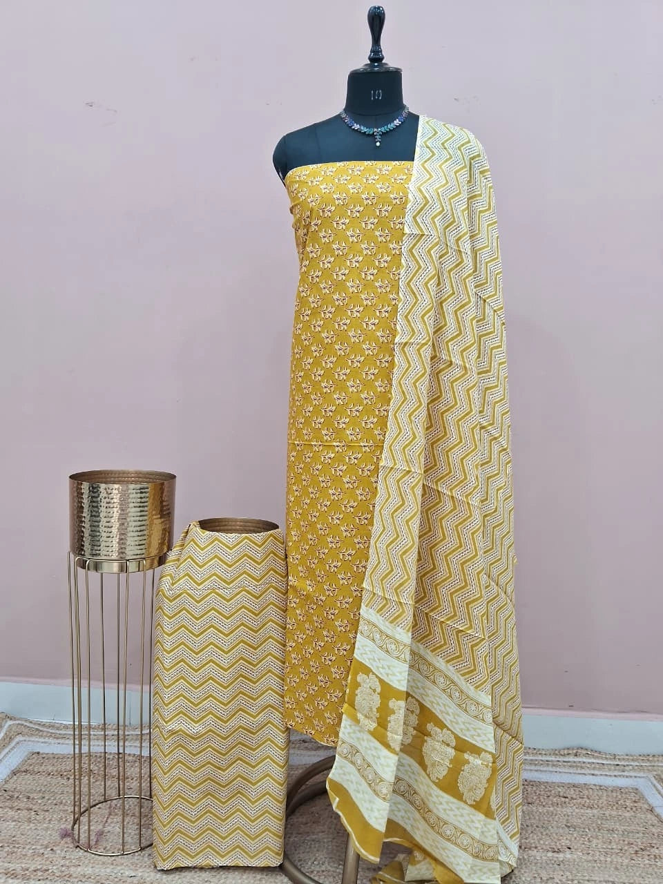 Mustard Yellow Cotton Dress Material 