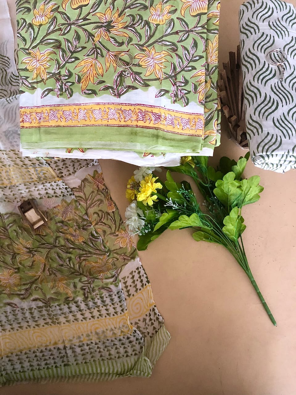 Pista Green and mustard yellow floral printed mulmul cotton top