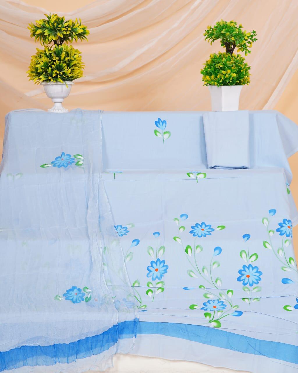 Sea Blue with Sky blue flower printed cotton material