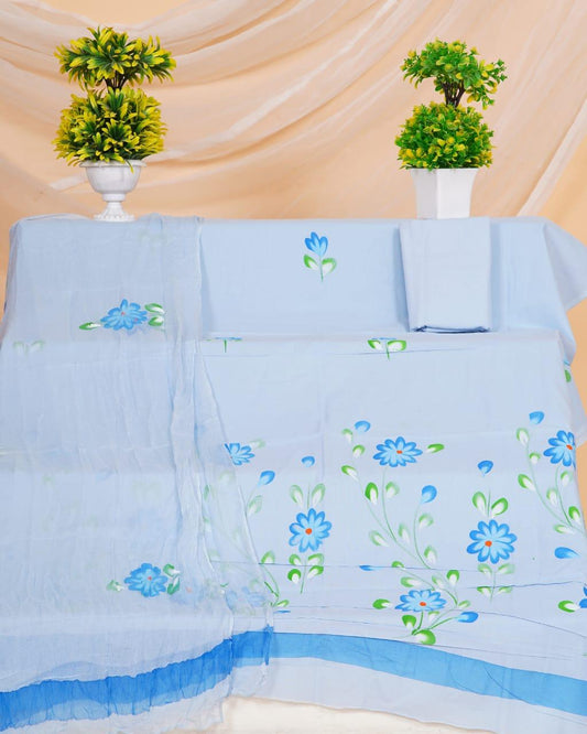 Sea Blue with Sky blue flower printed cotton material
