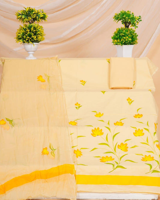 Peach with Yellow floral printed dress material