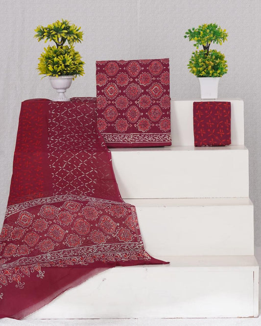 Maroon with white ajrakh printed cotton material