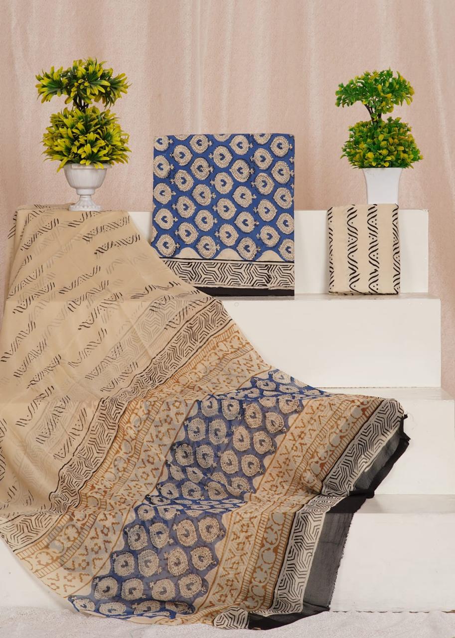 Blue with Beige flower printed cotton dress material