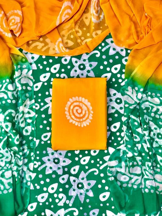 Green with White flower printed cotton dress material