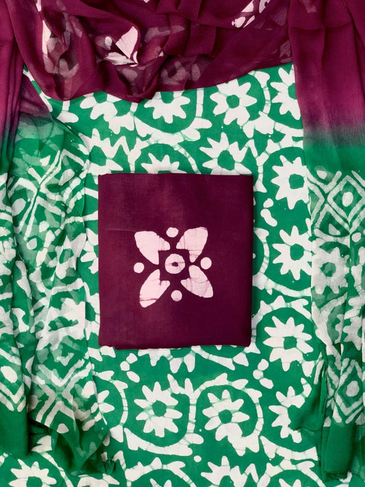 Rama Green with white flower printed cotton dress material