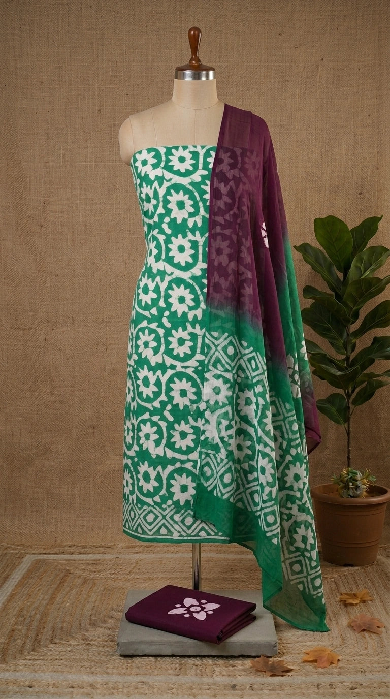 Rama Green with white flower printed cotton dress material