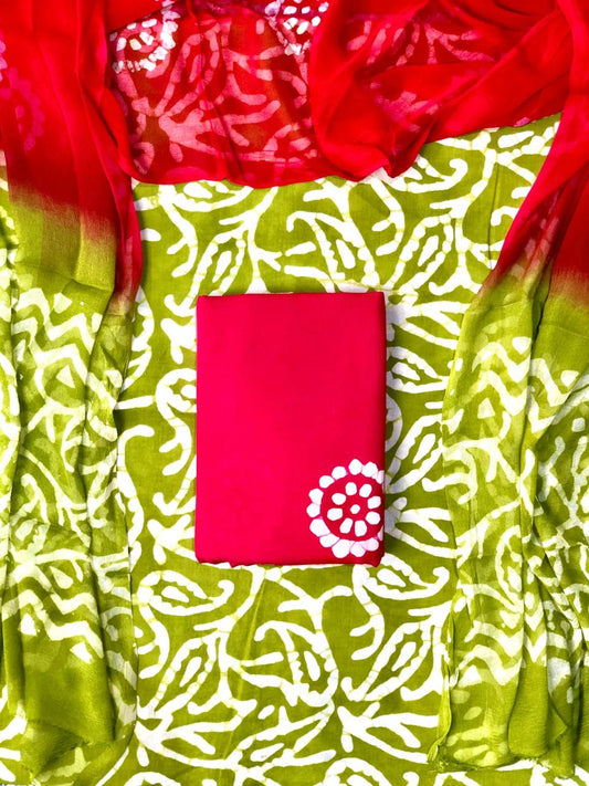 Leaf Green with White leaf printed cotton dress material