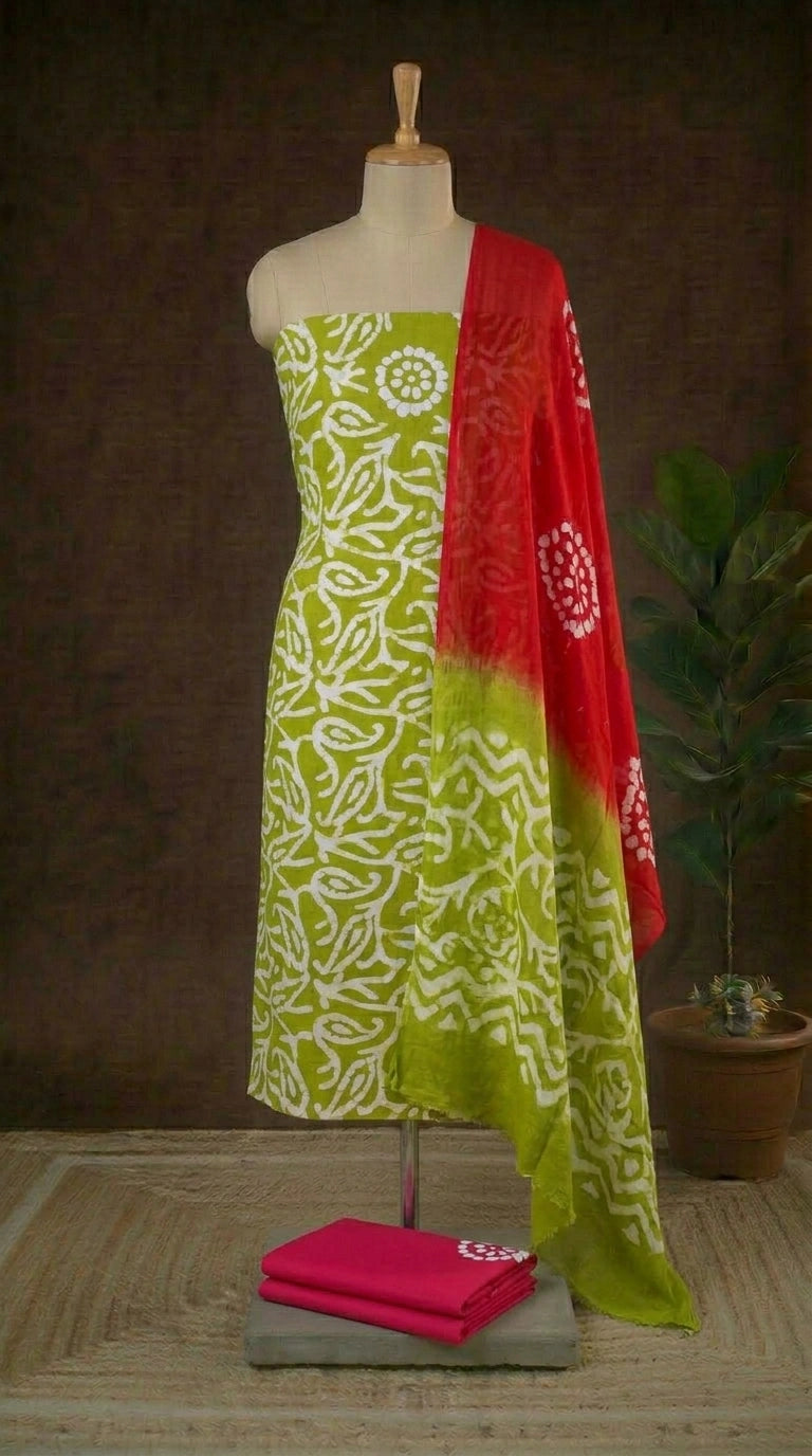 Leaf Green with White leaf printed cotton dress material