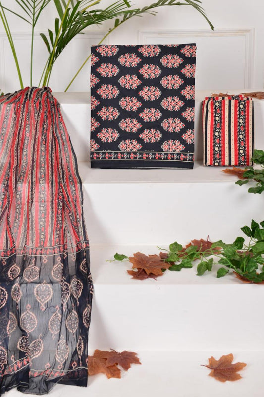 Black with Red and Beige flower printed cotton dress material