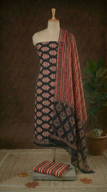 Black with Red and Beige flower printed cotton dress material