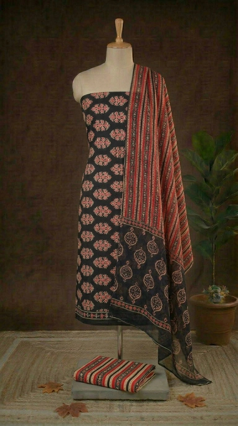 Black with Red and Beige flower printed cotton dress material