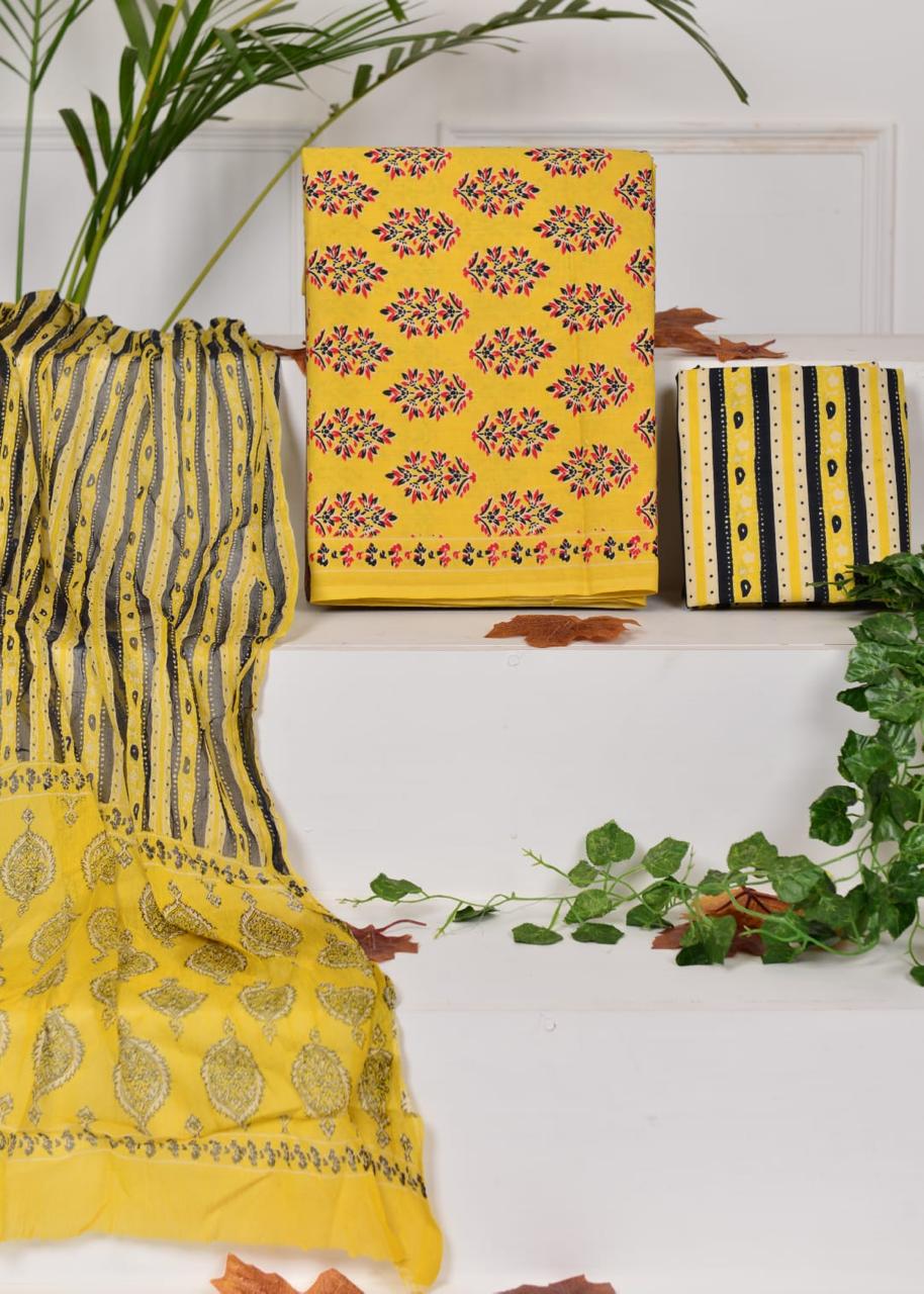 Yellow with Pink and Black flower printed cotton dress material