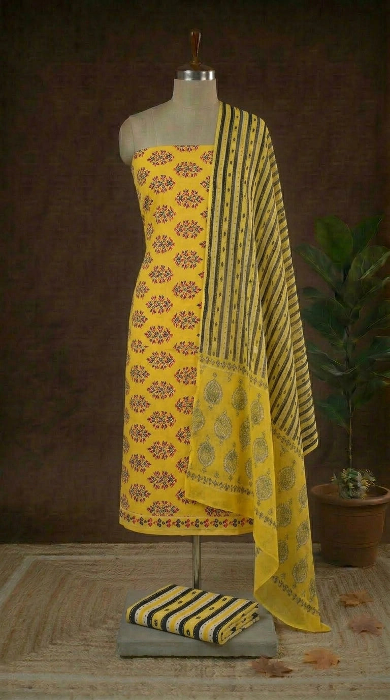 Yellow with Pink and Black flower printed cotton dress material
