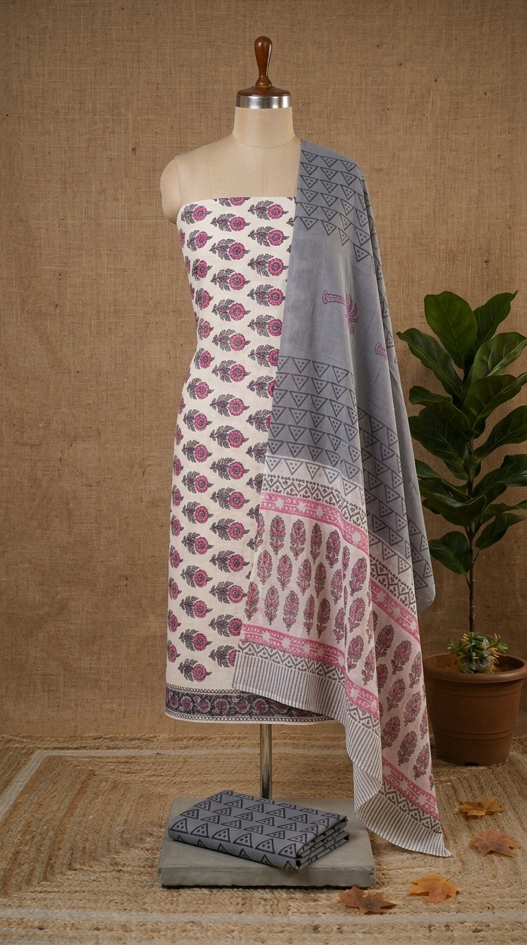 White with Pink and Grey flower printed cotton dress material