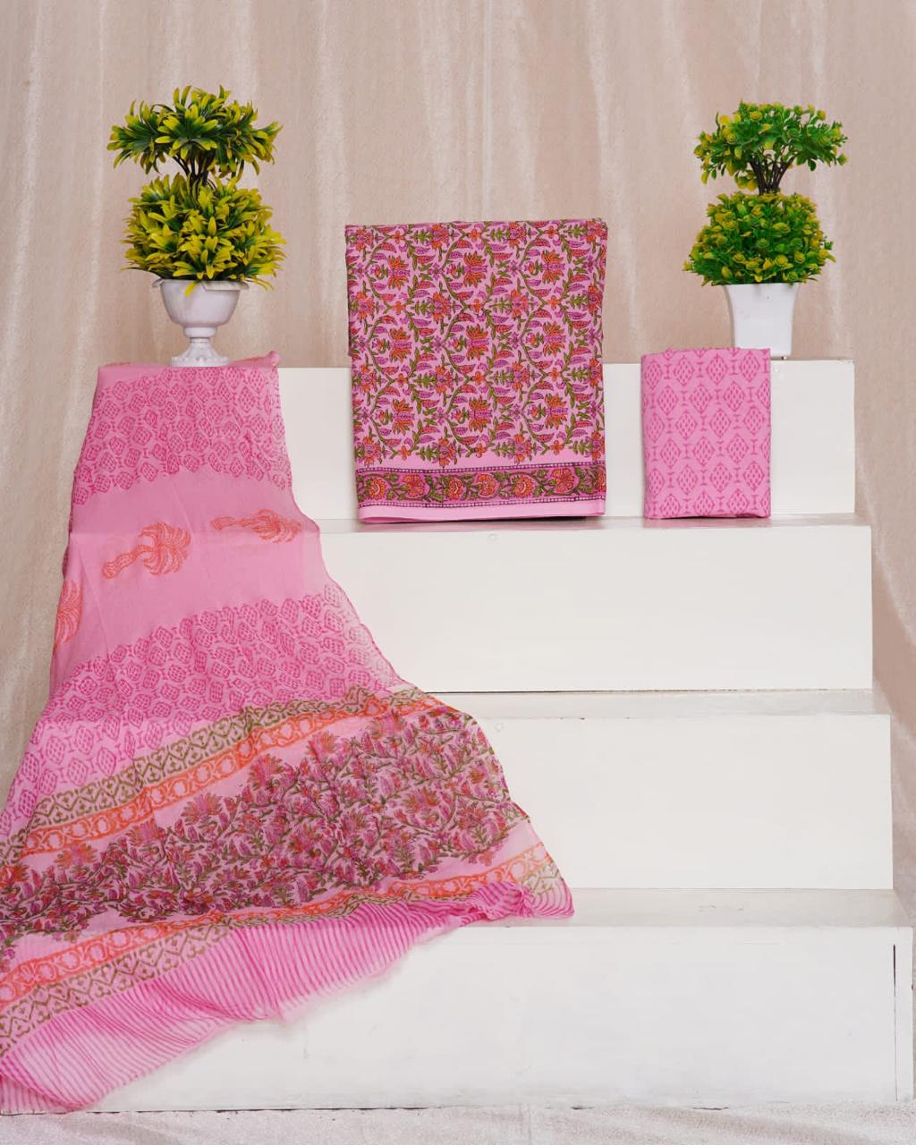 Baby Pink with Pink and Green flower printed cotton dress material