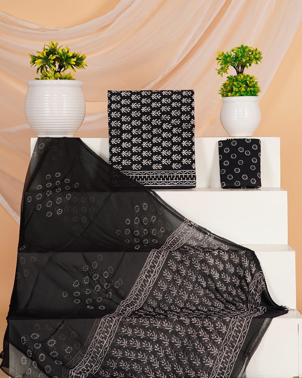 Black Cotton Dress Material with White Flower Prints