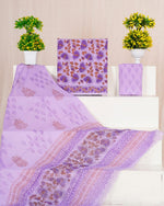 Lavender with Brown and Blue flower printed cotton dress material